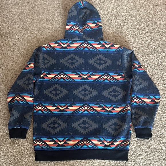 Aztec Mens Pattern Blue Black Pullover Hoodie Southwestern Tribal Sweatshirt L - Picture 2 of 5